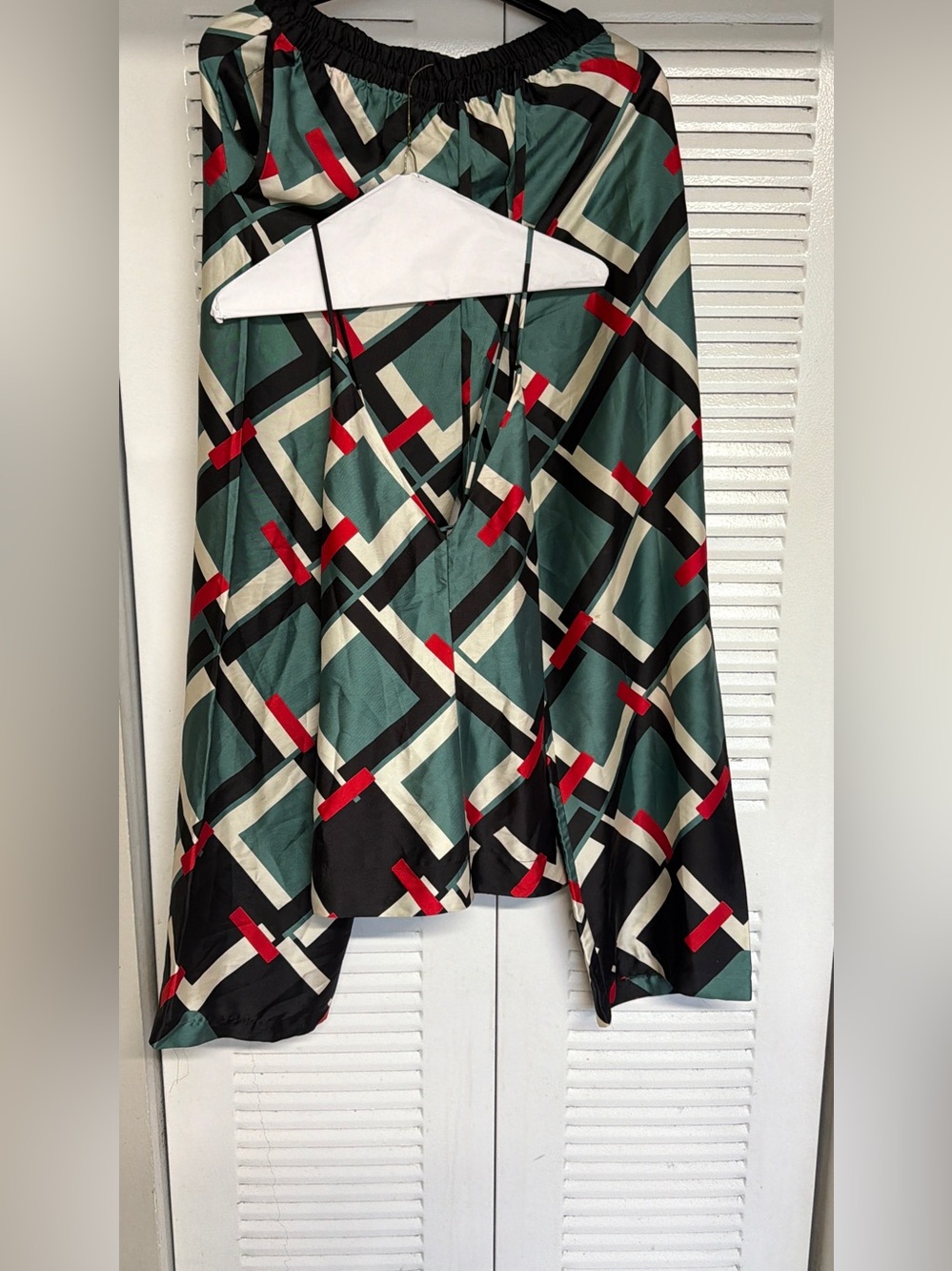 Geometric Print Satin Skirt in Teal, Black & Red